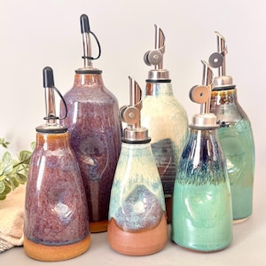 Ceramic oil vinegar bottle with thumb indent, oil dispenser, oil pourer, oil cruet. Handmade stoneware in Blue/Green