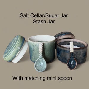 Ceramic Salt Cellar with Matching Mini Spoon, Blue/ Green Kitchen Canister, Handmade Pottery