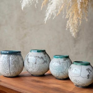 Raku Pottery Ceramic Art, Black and White Vase with White Crackle Glaze, Home Decor Gift, Wabi-Sabi Pottery