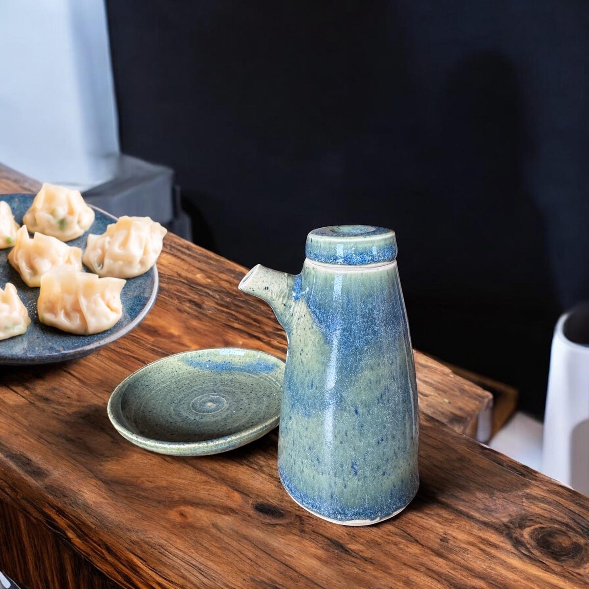 Ceramic Soy Sauce Dispenser With Saucer, Small Shoyu Bottle, Refillable Oil Cruet in a Caribbean Blue Glaze. Cute 6 Oz Pottery Dispenser. - Etsy