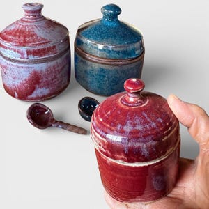 Handmade Ceramic Salt Cellar with Mini Spoon, Ocean Blue or Burgundy Red-Pink Sugar Bowl
