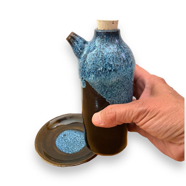 Soy sauce dispenser with drip tray, shoyu dispenser, ceramic oil cruet, with a black/brown & blue glaze. Handmade pottery dispenser.