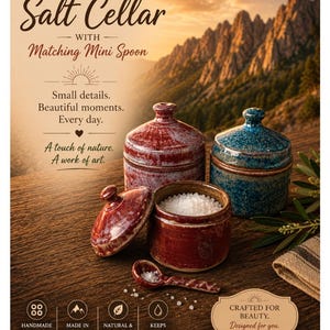 Handmade Ceramic Salt Cellar with Mini Spoon, Ocean Blue or Burgundy Red-Pink Sugar Bowl