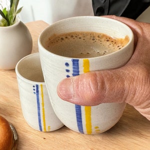 White pottery mug, small ceramic cup, no handle tea cup, handleless coffee mug, ceramic wine cup, handmade stoneware striped tumblers