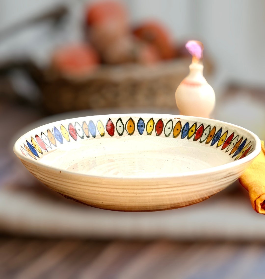 White Pasta Bowls With Rainbow Colored Rim, Ceramic Pasta Dish