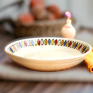 Large white pasta bowls with a colorful flower petal rim, handmade pasta bowls, shallow pottery bowl, pasta lover gift, 9.5&quot; wide blates