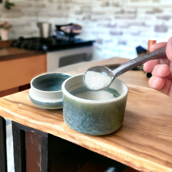 Ceramic salt cellar with handmade spoon, ocean blue salt keeper, small stash jar, lidded tea caddy, sugar bowl, handmade stoneware canister