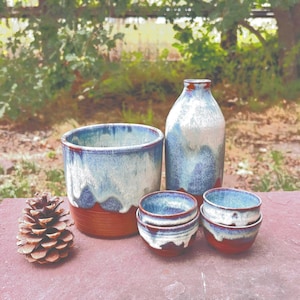 Handmade Ceramic Sake Set with Warmer Option, Rustic Ivory Blue Pottery, Tokkuri Decanter with Thumb Inden and 4 Ochoko Cups, Wabi Sabi Gift