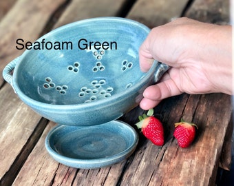 Ceramic berry bowl & saucer, small strainer, stoneware colander, teal green/ocean blue berry bowl, handmade strainer with handles.