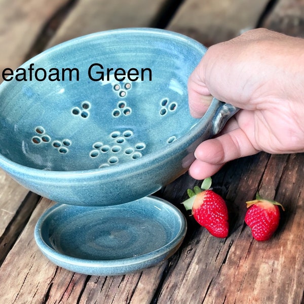 Ceramic berry bowl & saucer, small strainer, stoneware colander, teal green/ocean blue berry bowl, handmade strainer with handles.