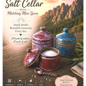 Handmade Ceramic Salt Cellar with Mini Spoon, Ocean Blue or Burgundy Red-Pink Sugar Bowl