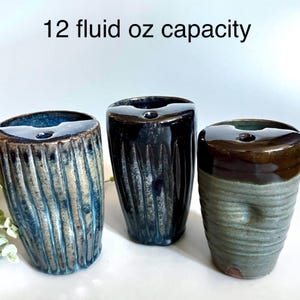 Handmade Ceramic Travel Mug: 12 oz Coffee Tumbler, Blue Thumb Mug with Black Rims, Fluted or Drippy Glaze