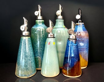 Ceramic oil bottle with thumb indent, oil dispenser, oil pourer, oil cruet. Handmade stoneware with teal green/blue glaze, for oil/vinegar