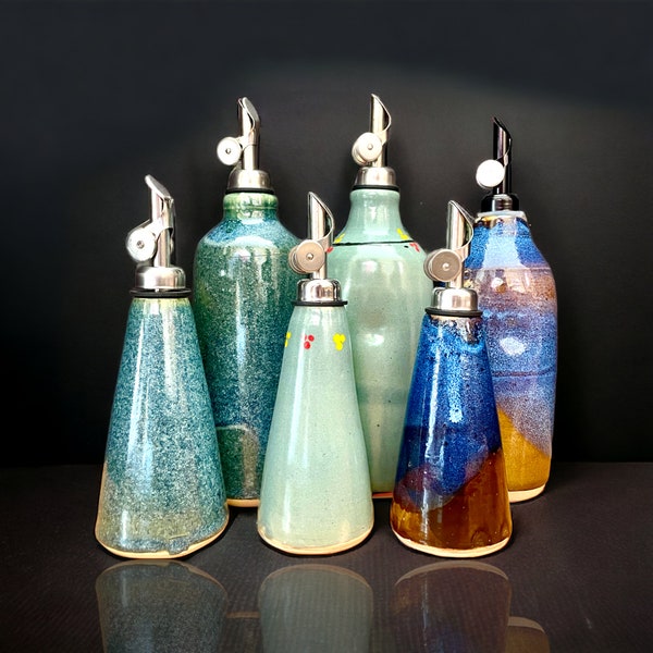 Ceramic oil bottle with thumb indent, oil dispenser, oil pourer, oil cruet. Handmade stoneware with teal green/blue glaze, for oil/vinegar