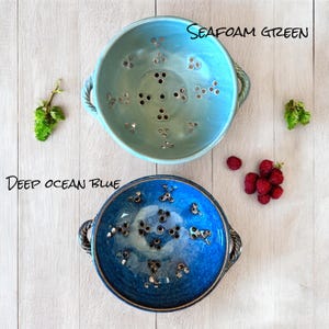 Ceramic berry bowl & saucer/drip plate, small strainer, stoneware colander, sea green or blue berry bowl, handmade strainer with handles.
