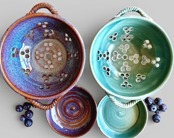 Ceramic Berry Bowl & Saucer/Drip Plate, Small Stoneware Strainer Colander With Handles, In Deep Seafoam Green or Lavender Blue