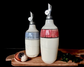 White olive oil dispenser with red or blue stripes, stoneware oil cruet, handmade pottery bottle, vinegar bottle, small modern bottle.