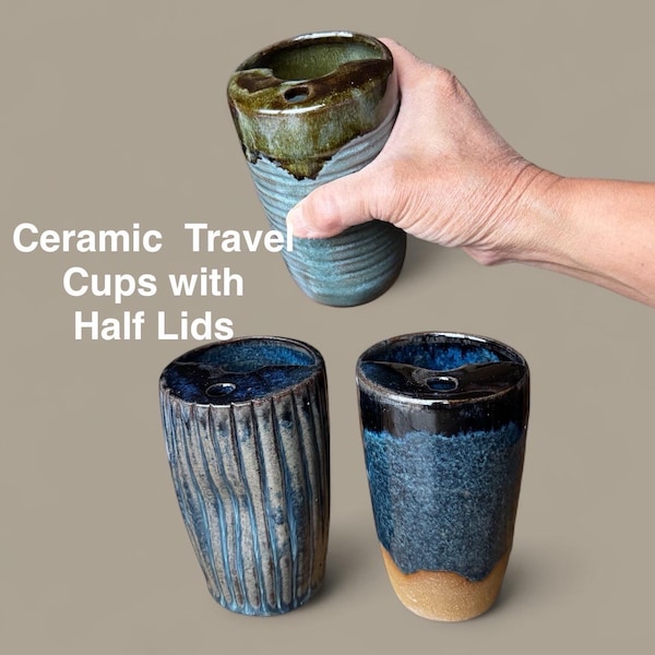 Handmade Ceramic Travel Mug: 12 oz Coffee Tumbler, Blue Thumb Mug with Black Rims, Fluted or Drippy Glaze