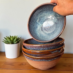 Japanese Ramen Bowls, Blue Pottery Soup or Pasta Bowls, Thrown and Handmade Stoneware