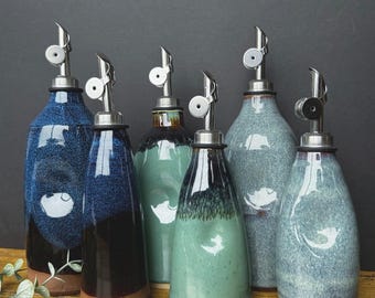 Ceramic oil vinegar bottle with thumb indent, oil dispenser, oil pourer, oil cruet. Handmade stoneware in Midnight Blue/Moss Green/Dust Blue