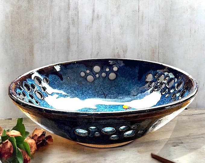 Blue/Green Ceramic Fruit Bowl with Herb Stripper Holes – Handmade Splatter Glaze Pottery, Unique Kitchen Gift or Centerpiece.