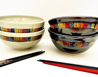 Large ramen bowl set of 2, Black/white noodle bowls, udon bowl with a multi colored design, 32 ounce bowl, handmade stoneware pottery.