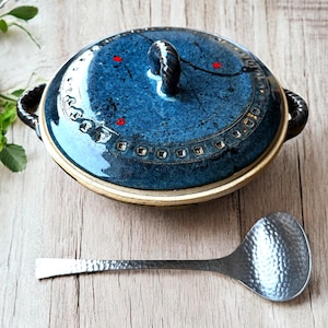 Handmade Blue Ceramic Casserole Dish with Lid – 1.25 Qt Round Stoneware Baking Dish – Small Covered Serving Bowl with Handles