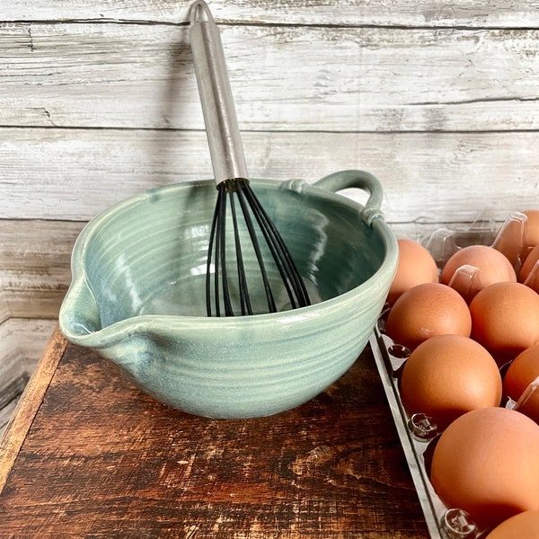 Kitchen mixing bowl, egg pouring bowl, handmade batter bowl, ceramic mixing bowl, stoneware bowl with spout & handle in teal green, blue.