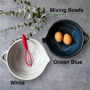Handmade Mixing Bowl with Spout and Handle, Ceramic Batter Bowl in an Ocean Blue or White Glaze