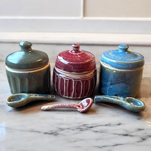 Handmade Ceramic Salt Cellar with Spoon: Ocean Blue, Green, Red Lidded Jar