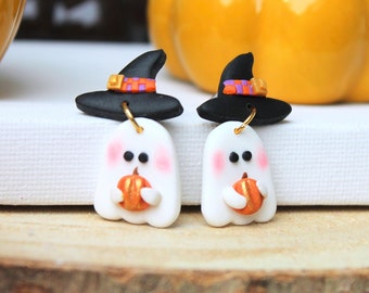 Halloween Earrings, Ghost Earrings, Cute Ghost Earrings, Dangle Earrings, Polymer Clay Earrings, Halloween Earring,Halloween Ghost,Witch Hat