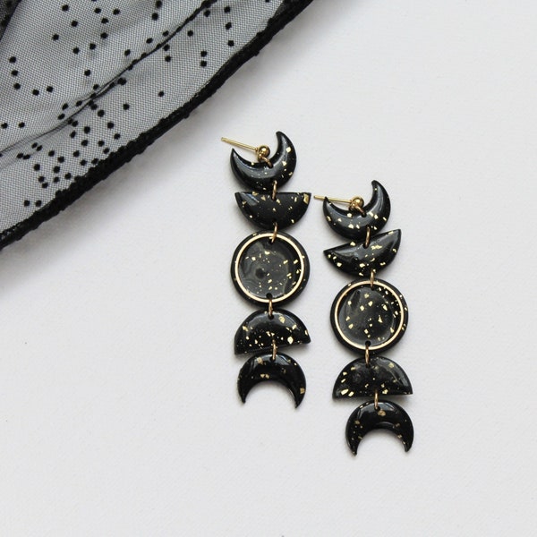 Boucles d’oreilles de lune, boucles d’oreilles d’Halloween, boucles d’oreilles de déclaration, boucles d’oreilles en argile polymère, phases de lune, boucles d’oreilles en argile, boucles d’oreilles en croissant, faites à la main, dorées