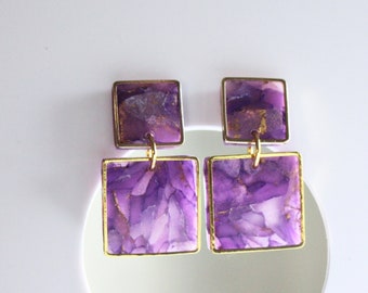 Square Geometric Earrings, Polymer Clay Earrings, Geometric Earrings, Statement Earrings, Faux Stone, Purple Marble Earrings, Handmade