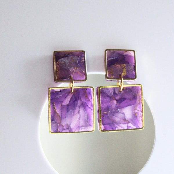 Square Geometric Earrings, Polymer Clay Earrings, Geometric Earrings, Statement Earrings, Faux Stone, Purple Marble Earrings, Handmade