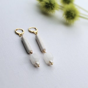 White Jade Earrings, Huggie Earrings, Gemstone Earrings, Polymer Clay Earrings, Freshwater Pearls, 24K Gold Plated, Elegant, Pearl Earrings