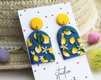 Lemon Earrings, Statement Earrings, Spring Summer Earrings, Polymer Clay Earrings, Botanical Earrings, Dangle,Elegant,Miniature food jewelry