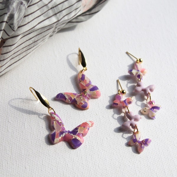 Boucles d’oreilles papillon, boucles d’oreilles en argile polymère, boucles d’oreilles élégantes, boucles d’oreilles de déclaration, boucles d’oreilles de printemps, boucles d’oreilles en argile, acier inoxydable, violet, rose