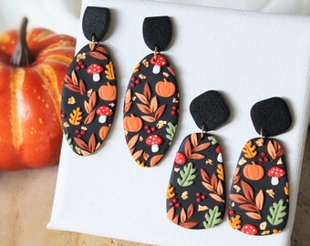 Autumn Earrings, Polymer Clay Earrings, Statement Earrings, Mushroom, Black Earrings, Earrings, Clay Earrings, Black Earrings, Handmade,Gift