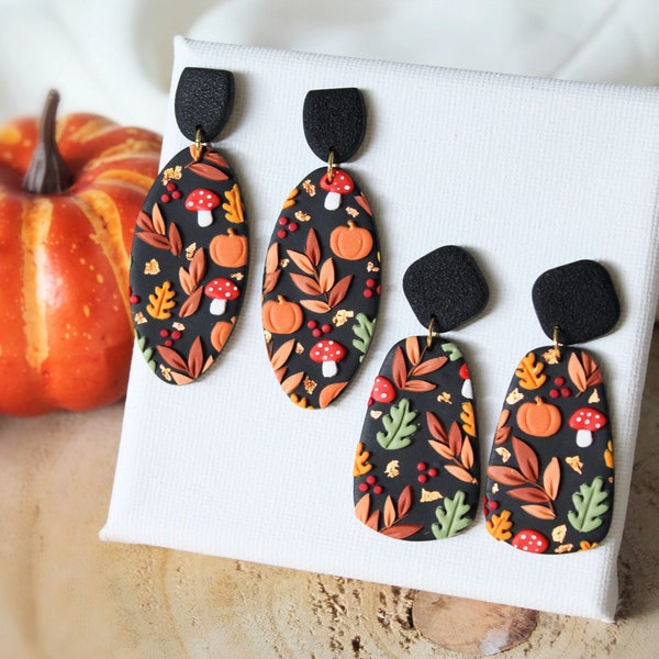 Boucles d’oreilles d’automne, boucles d’oreilles en argile polymère, boucles d’oreilles déclaration, champignon, boucles d’oreilles noires, boucles d’oreilles, boucles d’oreilles en argile, boucles d’oreilles noires, faites à la main, cadeau