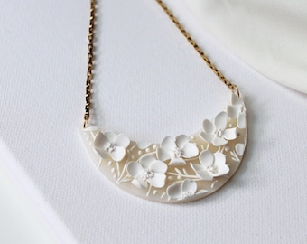 White Flower Necklace, Floral Necklace, Statement Necklace, Stainless Steel Necklace, Polymer Clay Necklace, Wedding Necklace,Elegant,Bridal