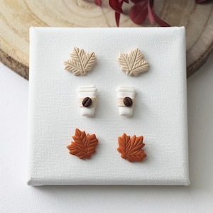 Autumn Stud Earrings, Earring Stud Pack, Polymer Clay Stud Earrings, Fall Earrings, Coffee Earrings, Leaf Earrings, Clay Earrings, Cup Studs