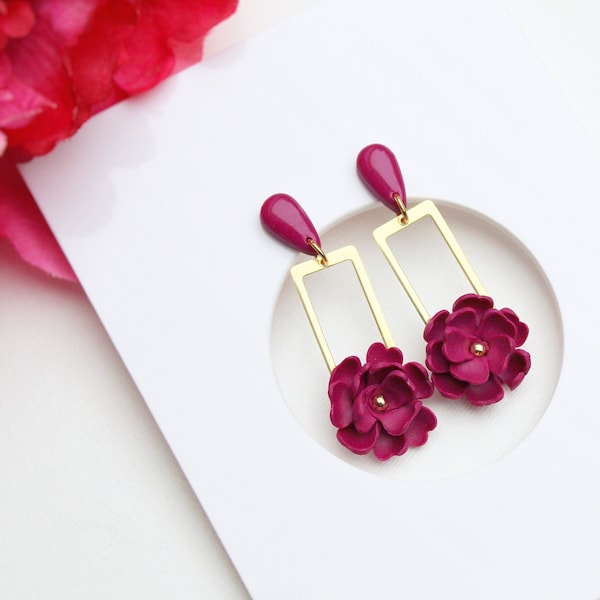 Dangle Floral Earrings, Flower Earrings, Burgundy Earrings, Polymer Clay Earrings, Spring Earrings, Earrings, Handmade Earrings, Statement