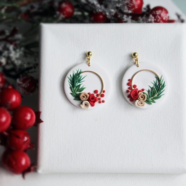 Winter Earrings, Polymer Clay Earrings, Christmas Earrings, Statement Earrings, Wreath Earrings, Holiday Earrings, Clay Earrings, Handmade