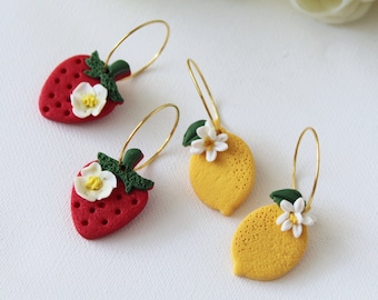 Lemon Earrings, Strawberry Earrings, Hoop Earrings, Statement Earrings, Spring Summer Earrings, Polymer Clay Earrings,Miniature food jewelry