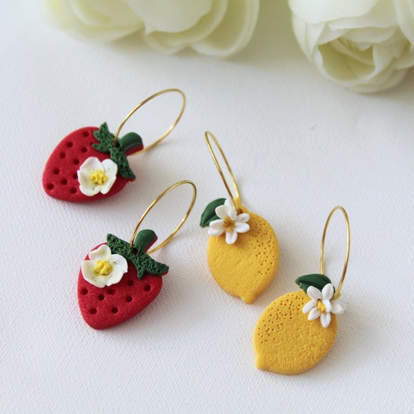 Lemon Earrings, Strawberry Earrings, Hoop Earrings, Statement Earrings, Spring Summer Earrings, Polymer Clay Earrings,Miniature food jewelry