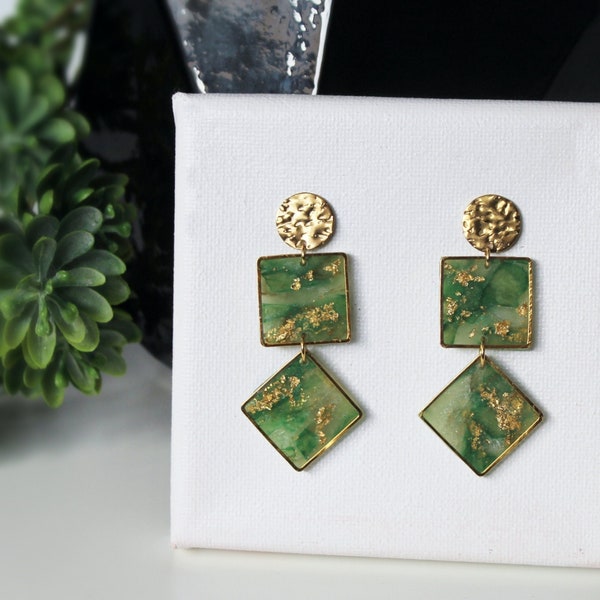 Green Earrings, Polymer Clay Earrings, Handmade Earrings, Statement Earrings, Faux Stone Earrings, Golden, Marble Earrings, Unique, Gift