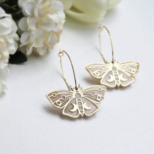 Butterfly Earrings, Hoop Earrings, Polymer Clay Earrings, 18k Gold Plated Hoops, Elegant Earrings, Clay Earrings, Statement Earrings, Moon