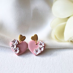 Heart Earrings, Valentine's Day Earrings, Polymer Clay Earrings, Clay Earrings, Floral Earrings, Cute Earrings, Pink, Handmade Jewelry, Gift