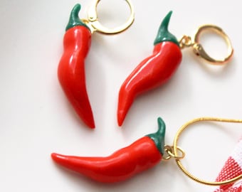 Brincos de pimenta, conjunto de brincos e colar de pimenta, conjunto de pimenta vermelha picante, joias artesanais em argila polimérica, colar de pimenta