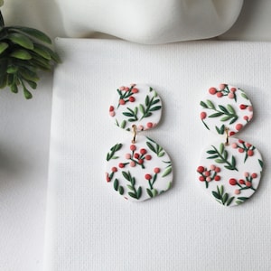 Polymer Clay Earrings, Christmas Earrings, Statement Earrings, Leaf Earrings, Winter Earrings, Holiday Earrings, Clay Earrings, Mistletoe image 1